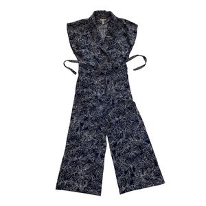 HM Navy Blue White Floral Wide Leg Wrap Jumpsuit Cap Sleeve Size 2